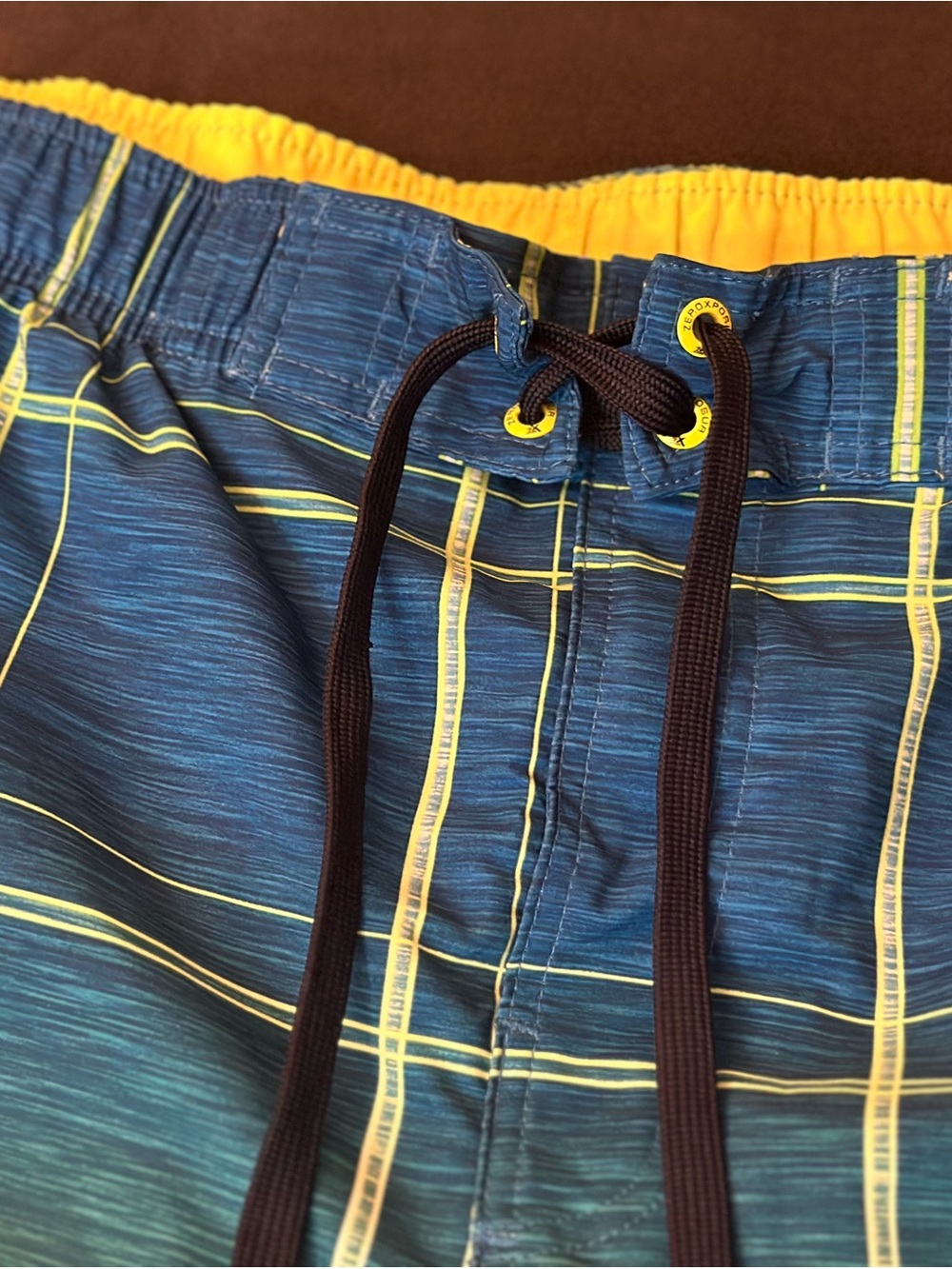 ZeroXposur Blue Plaid Swim Shorts with Yellow Accents